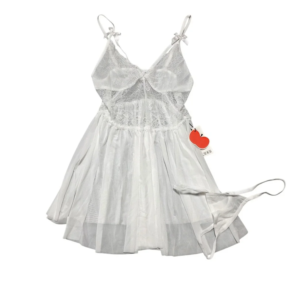 NEW Cider White Lace Babydoll Lingerie Slip Dress & Thong Set XL Extra‎ Large